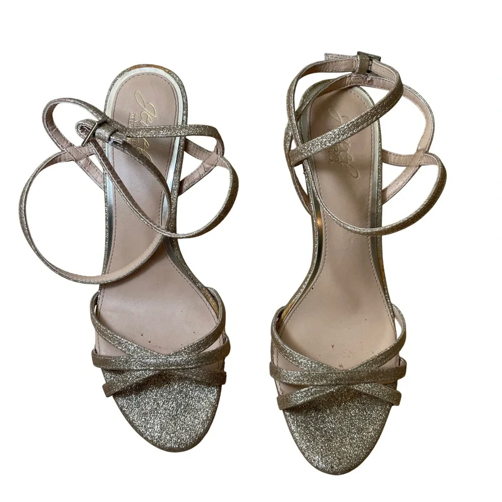 Jewel‎ Badgley Mischka Glitter Stiletto Heels Gold Ankle Strap Women Size 9